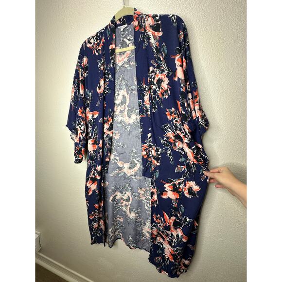 Splendid Navy Orange Ivory Multi Floral Short Sleeve Kimono Duster S - Picture 5 of 15